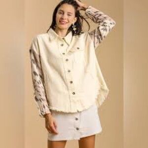 Umgee Cream Shacket with Animal Print Sleeves